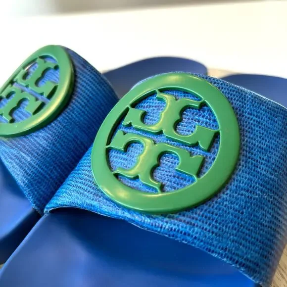 Tory Burch Lina Slide Sandals - Blue Textured with Green Logo - Size 5M US 5
